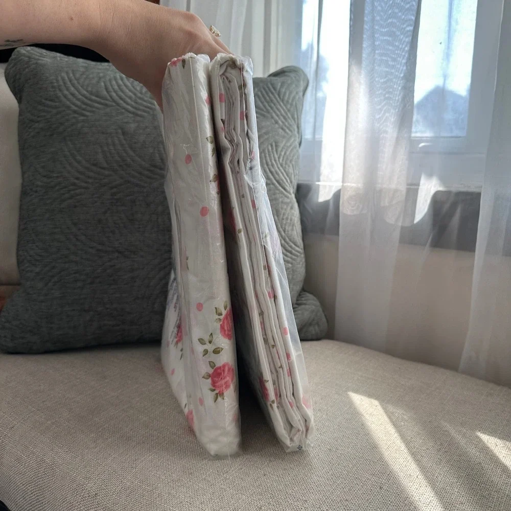 NEW Vintage Cannon No-Iron Muslin Full Flat & Fitted Sheet Set Rose Floral White